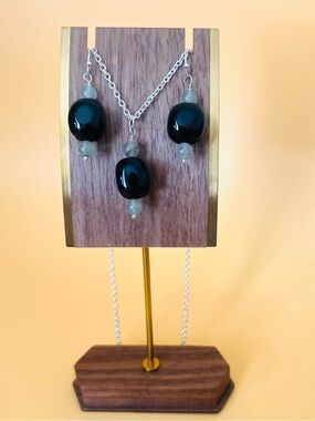 Silver plated Black Crystal and jade green beads Jewelry Set